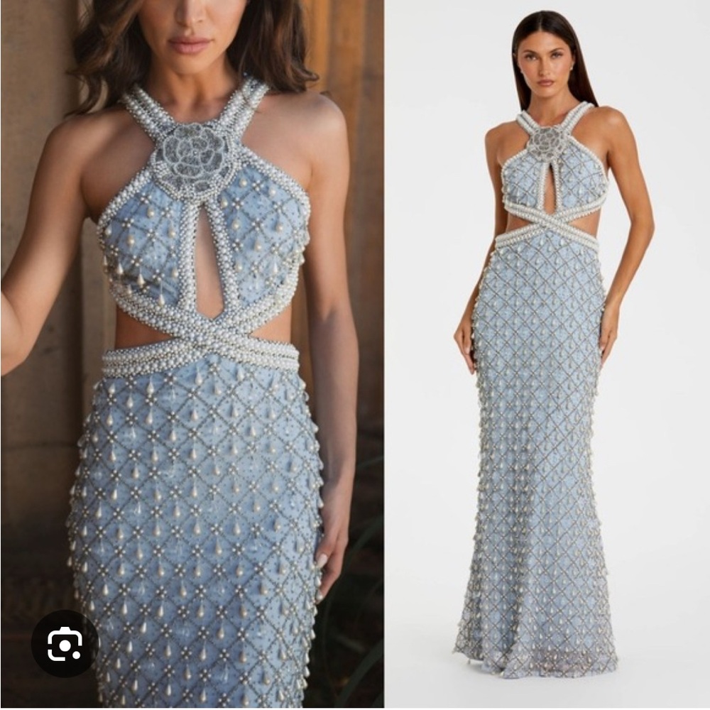 Mac Duggal Blue Dress with Pearl and Silver Beading